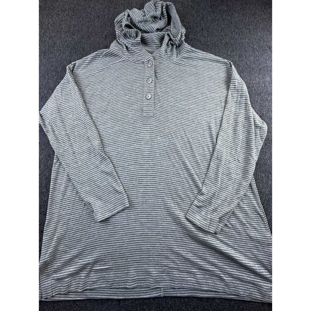 J Jill Sweater Womens Large Gray White Striped Hoodie Pullover Stretch Comfort